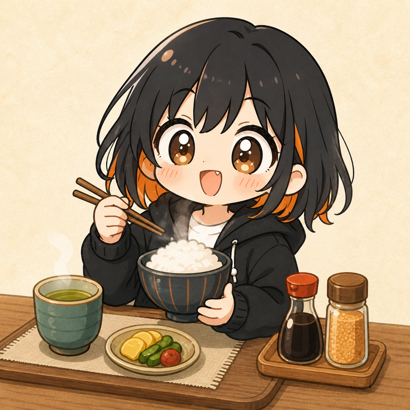 まよいとごはんとお茶と調味料のイラスト