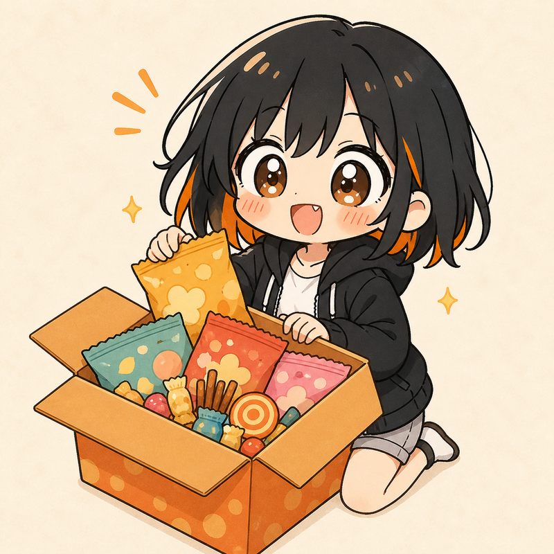 まよいと日本のお菓子ボックスのイラスト